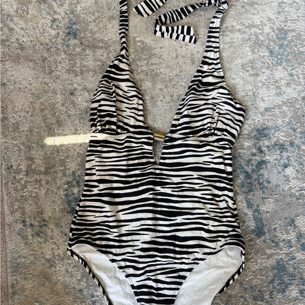 Zebra Print Halter Swimsuit - Picture 2 of 16